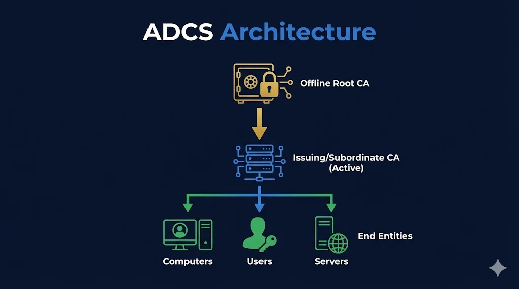 ADCS Architecture showing Offline Root CA, Issuing/Subordinate CA, and certificate distribution to computers, users, and servers