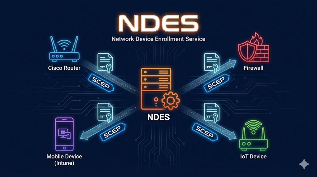 NDES Network Device Enrollment Service showing SCEP connections from Cisco Router, Mobile Device, Firewall, and IoT Device