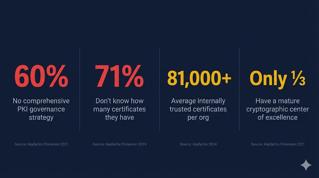 PKI governance statistics: 60% no comprehensive strategy, 71% don't know certificate count, 81,000+ average internally trusted certificates, only one-third have mature cryptographic center of excellence