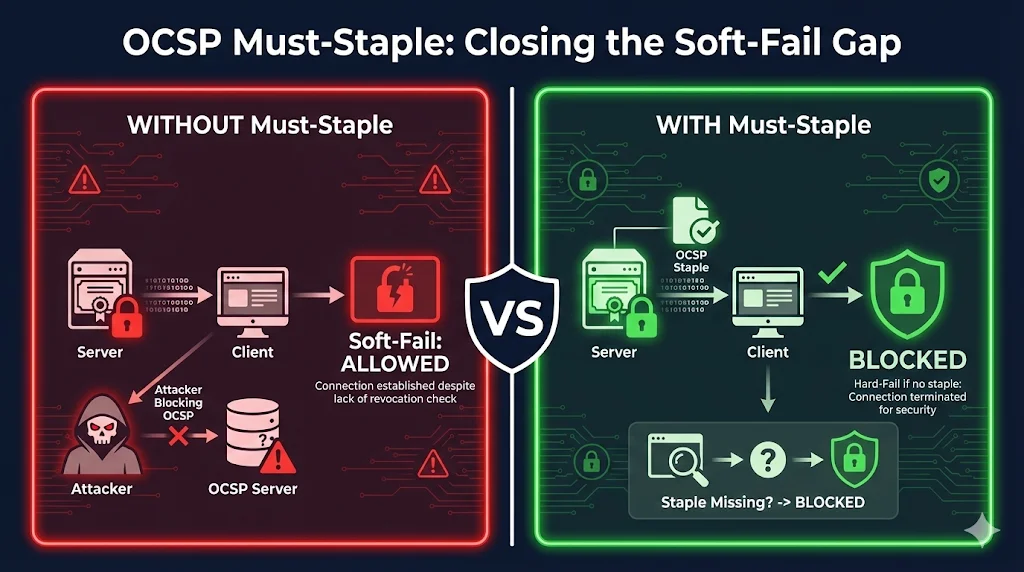 Before and after comparison showing how OCSP Must-Staple prevents soft-fail attacks
