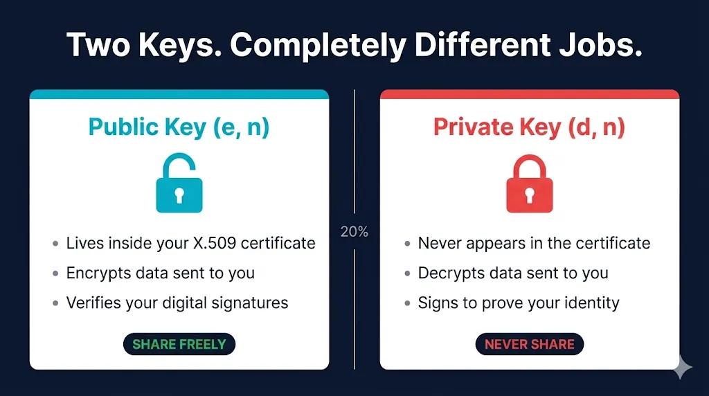 Public key (e, n) vs Private key (d, n) — two keys with completely different jobs