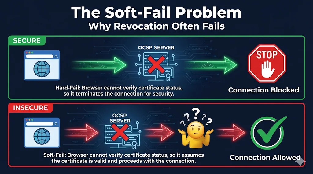 Comparison showing hard-fail blocking connections versus soft-fail allowing them when OCSP unreachable